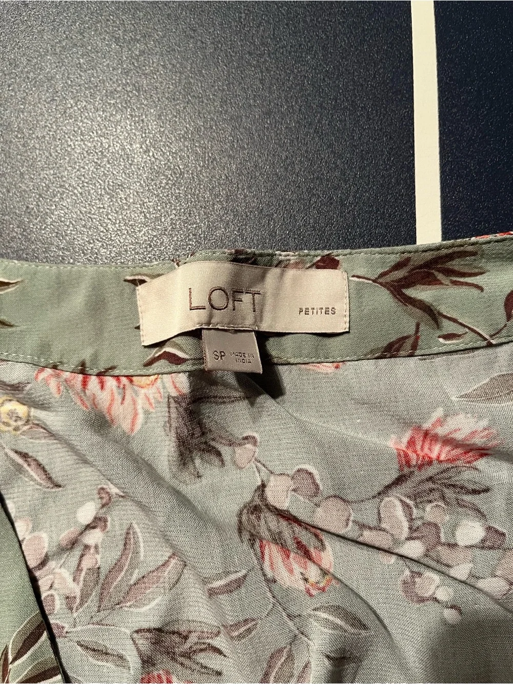 LOFT Floral Wrap Top in Sage Green and Coral Accents